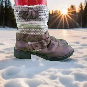 ✅ROXY STORM 2 FUR Boots Brown Distressed Faux Leather Side-Zip Women's Size 7.5